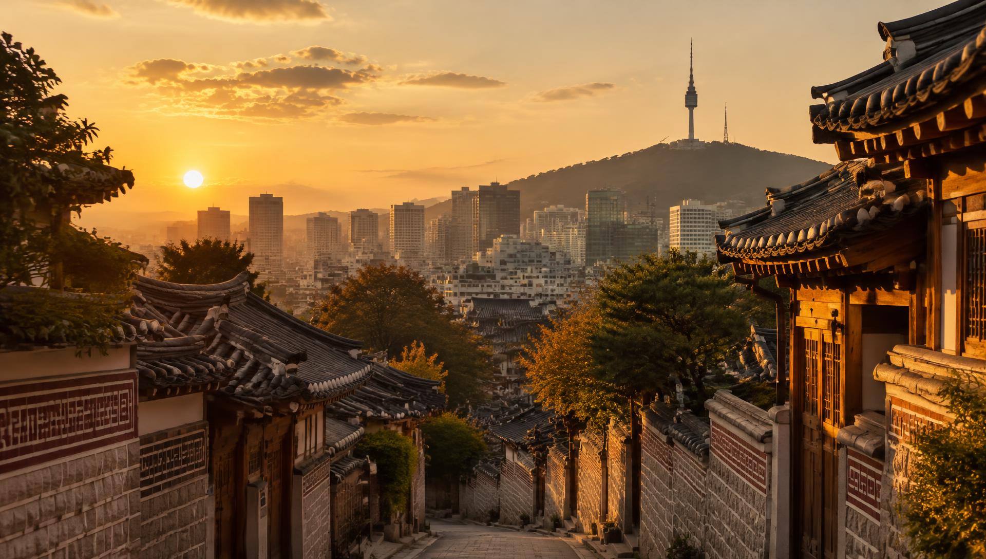 Seoul hanok rooftops at sunset